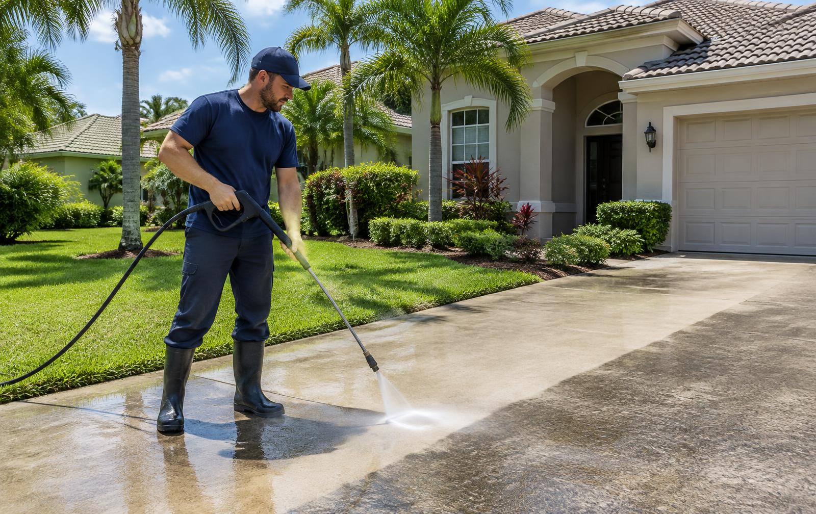 Gator Exterior Cleaning technician pressure washing a concrete driveway at an Orlando home